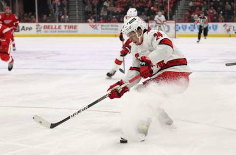 DETROIT, MICHIGAN – MARCH 01: Seth Jarvis #24 of the Carolina Hurricanes skates against the Detroit Red Wings at Little Caesars Arena on March 01, 2022, in Detroit, Michigan. (Photo by Gregory Shamus/Getty Images)