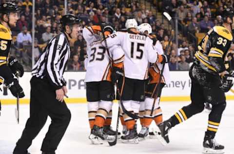 BOSTON, MA – JANUARY 30: The Anaheim Ducks celebrate a goal against the Boston Bruins at the TD Garden on January 30, 2018, in Boston, Massachusetts. (Photo by Steve Babineau/NHLI via Getty Images)