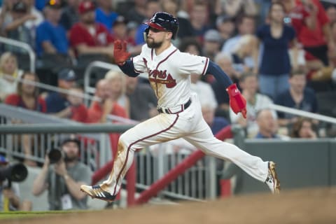 ATLANTA, GA – May 31: Ender Inciarte #11 of the Atlanta Braves runs home to score against the Washington Nationals at SunTrust Park on May 31, 2018, in Atlanta, Georgia. The Braves won 4-2. (Photo by Carl Fonticella/Beam Imagination/Atlanta Braves/Getty Images)