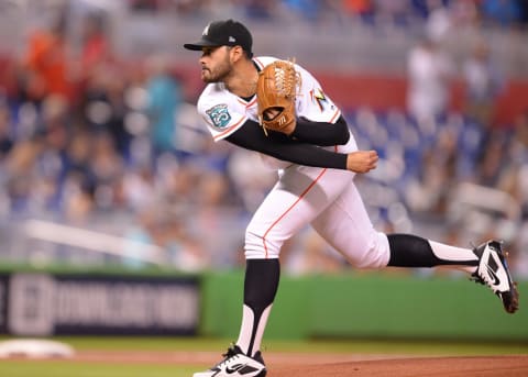 MIAMI, FL – AUGUST 21: Miami Marlins starting pitcher Pablo Loppez (49) during the first inning in a game between the Miami Marlins and the New York Yankees on August 21, 2018 at Marlins Park in Miami, Florida. (Photo by Juan Salas/Icon Sportswire via Getty Images)