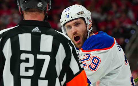 Nov 22, 2023; Raleigh, North Carolina, USA; Edmonton Oilers center Leon Draisaitl (29) reacts to an Oilers penalty against the Carolina Hurricanes during the third period at PNC Arena. Mandatory Credit: James Guillory-USA TODAY Sports