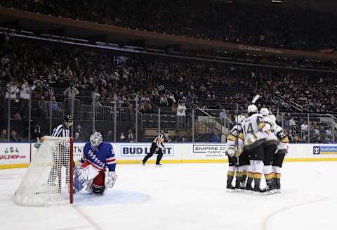 NEW YORK, NEW YORK – DECEMBER 02: The Vegas Golden Knights celebrate a power-play goal by Alex Tuch #89 at 3:50 of the first period against Henrik Lundqvist #30 of the New York Rangers at Madison Square Garden on December 02, 2019 in New York City. (Photo by Bruce Bennett/Getty Images)