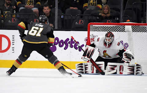 LAS VEGAS, NEVADA – OCTOBER 17: Anders Nilsson #31 of the Ottawa Senators blocks a shootout goal attempt by Mark Stone #61 of the Vegas Golden Knights in the third period of their game at T-Mobile Arena on October 17, 2019 in Las Vegas, Nevada. The Golden Knights defeated the Senators 3-2 in a shootout. (Photo by Ethan Miller/Getty Images)