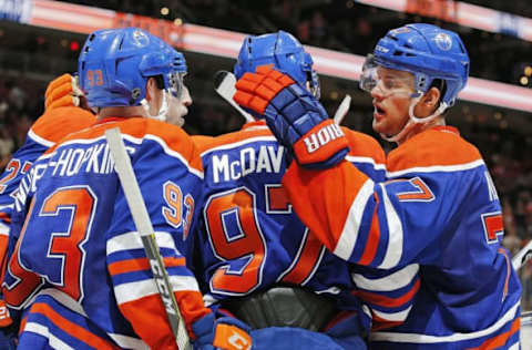 NHL Team Name Origins: The Edmonton Oilers celebrate a third period goal by forward Connor McDavid (97) against the St. Louis Blues at Rogers Place. Mandatory Credit: Perry Nelson-USA TODAY Sports