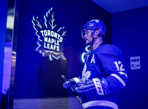 TORONTO, ON – APRIL 15: Patrick Marleau #12 of the Toronto Maple Leafs heads to the ice before facing the Boston Bruins in Game Three of the Eastern Conference First Round during the 2019 NHL Stanley Cup Playoffs at the Scotiabank Arena on April 15, 2019 in Toronto, Ontario, Canada. (Photo by Mark Blinch/NHLI via Getty Images)