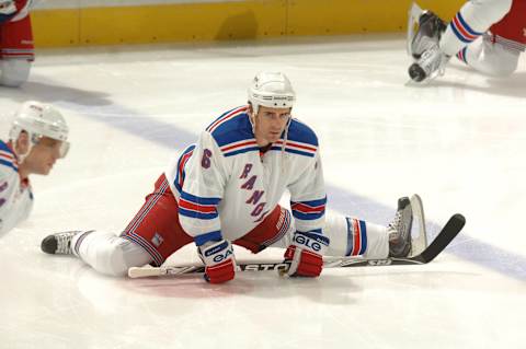 WASHINGTON – MARCH 6: Wade Redden #6 of the New York Rangers looks on during warm ups of a NHL hockey game against the Washington Capitals on March 6, 2010 at the Verizon Center in Washington, DC. (Photo by Mitchell Layton/NHLI via Getty Images)