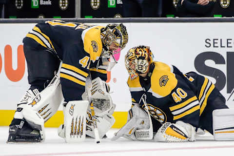 BOSTON, MA – OCTOBER 14: Boston Bruins goaltender Jaroslav Halak (41) and Boston Bruins goaltender Tuukka Rask (40) talk during warmups prior to the Anaheim Ducks and Boston Bruins NHL game on October 14, 2019, at TD Garden in Boston, MA. (Photo by John Crouch/Icon Sportswire via Getty Images)