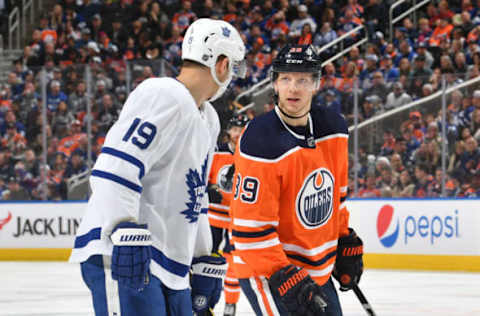 EDMONTON, AB – DECEMBER 14: Alex Chiasson #39 of the Edmonton Oilers exchanges words with Jason Spezza #19 of the Toronto Maple Leafs on December 14, 2019, at Rogers Place in Edmonton, Alberta, Canada. (Photo by Andy Devlin/NHLI via Getty Images)