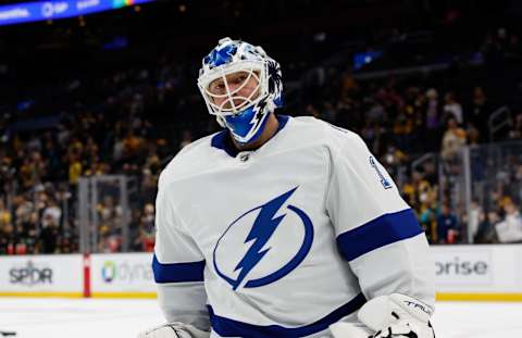 BOSTON, MA – MARCH 25: Brian Elliott #1 of the Tampa Bay Lightning  . (Photo by Richard T Gagnon/Getty Images)