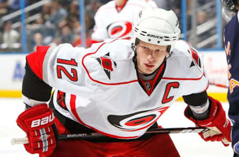 ATLANTA – MARCH 29: Eric Staal #12 of the Carolina Hurricanes against the Atlanta Thrashers at Philips Arena on March 29, 2010, in Atlanta, Georgia. (Photo by Kevin C. Cox/Getty Images)