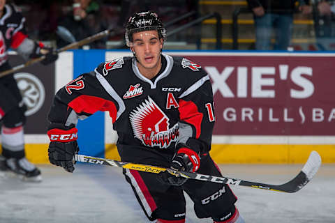 KELOWNA, CANADA – JANUARY 18: Jayden Halbgewachs #12 of the Moose Jaw Warriors warms up on the ice against the Kelowna Rockets on January 18, 2017 at Prospera Place in Kelowna, British Columbia, Canada. (Photo by Marissa Baecker/Getty Images)