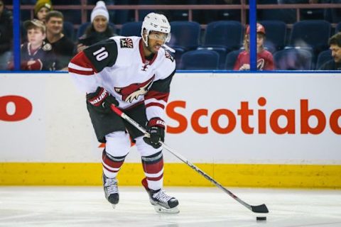 Jan 2, 2016; Edmonton, Alberta, CAN; Arizona Coyotes left wing Anthony Duclair (10) skates with the puck during the warmup period against the Edmonton Oilers at Rexall Place. Edmonton Oilers won 4-3. Mandatory Credit: Sergei Belski-USA TODAY Sports