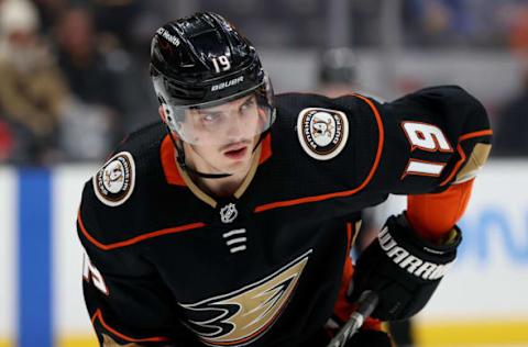 ANAHEIM, CALIFORNIA – NOVEMBER 07: Troy Terry #19 of the Anaheim Ducks looks on during the first period of a game against the St. Louis Blues at Honda Center on November 07, 2021 in Anaheim, California. (Photo by Sean M. Haffey/Getty Images)