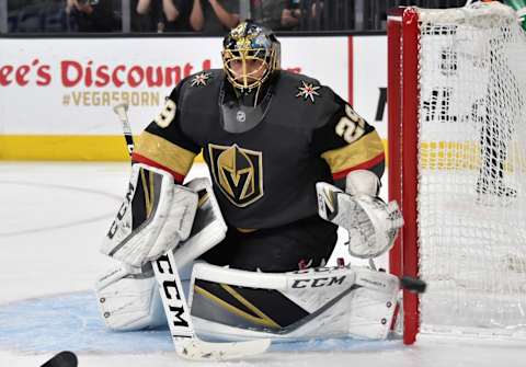 LAS VEGAS, NV – APRIL 21: Marc-Andre Fleury #29 of the Vegas Golden Knights tends goal during the second period against the San Jose Sharks in Game Six of the Western Conference First Round during the 2019 NHL Stanley Cup Playoffs at T-Mobile Arena on April 21, 2019 in Las Vegas, Nevada. (Photo by David Becker/NHLI via Getty Images)