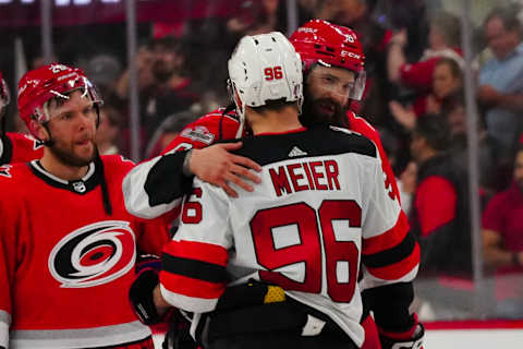 Carolina Hurricanes Brent Burns and New Jersey Devils Timo Meier: James Guillory-USA TODAY Sports