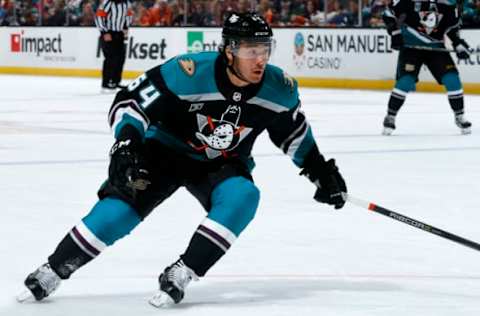 ANAHEIM, CA – OCTOBER 21: Kiefer Sherwood #64 of the Anaheim Ducks skates during the game against the Buffalo Sabres on October 21, 2018, at Honda Center in Anaheim, California. (Photo by Debora Robinson/NHLI via Getty Images)