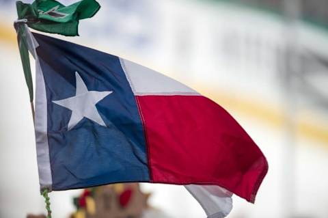 Apr 7, 2016; Dallas, TX, USA; A Dallas Stars fan waves a Texas flag during the second period of the game between the Stars and the Colorado Avalanche at the American Airlines Center. Mandatory Credit: Jerome Miron-USA TODAY Sports