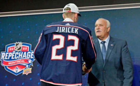 Jul 7, 2022; Montreal, Quebec, CANADA; David Jiricek after being selected as the number six overall pick to the Columbus Blue Jackets in the first round of the 2022 NHL Draft at Bell Centre. Mandatory Credit: Eric Bolte-USA TODAY Sports