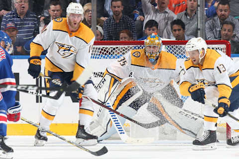 NEW YORK, NY – OCTOBER 04: Pekka Rinne #35 of the Nashville Predators tends the net against the New York Rangers at Madison Square Garden on October 4, 2018 in New York City. The Nashville Predators won 3-2. (Photo by Jared Silber/NHLI via Getty Images)