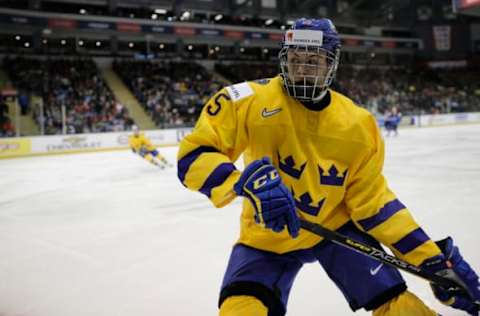 VICTORIA , BC – DECEMBER 26: Philip Broberg #25 of Sweden versus Finland at the IIHF World Junior Championships at the Save-on-Foods Memorial Centre on December 26, 2018 in Victoria, British Columbia, Canada. (Photo by Kevin Light/Getty Images)