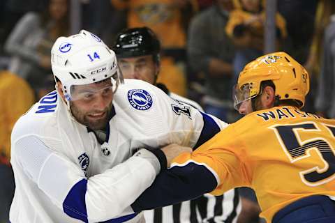 NASHVILLE, TN – SEPTEMBER 21: Nashville Predators winger Austin Watson (51) and Lightning forward Patrick Maroon (14) fight during the NHL preseason game between the Nashville Predators and Tampa Bay Lightning, held on September 21, 2019, at Bridgestone Arena in Nashville, Tennessee. (Photo by Danny Murphy/Icon Sportswire via Getty Images)