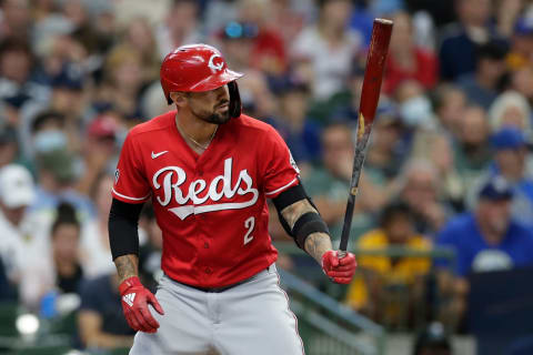 MILWAUKEE, WISCONSIN – JULY 11: Nick Castellanos #2 of the Cincinnati Reds up to bat against the Milwaukee Brewers at American Family Field on July 11, 2021 in Milwaukee, Wisconsin. Reds defeated the Brewers 3-1. (Photo by John Fisher/Getty Images)