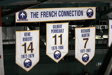 BUFFALO, NY – FEBRUARY 13: A view of the banners of Rene Robert #14, Gilbert Perreault #11 and Richard Martin that hang in the rafters during the NHL game of the Buffalo Sabres against the Toronto Maple Leafs on February 13, 2008 at HSBC Arena in Buffalo, New York. (Photo by Rick Stewart/Getty Images)