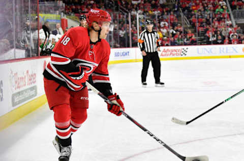 RALEIGH, NORTH CAROLINA – FEBRUARY 25: Ryan Dzingel #18 of the Carolina Hurricanes in action against the Dallas Stars during a game at PNC Arena on February 25, 2020 in Raleigh, North Carolina. (Photo by Grant Halverson/Getty Images)