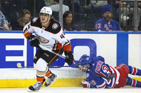 NEW YORK, NEW YORK – MARCH 15: Max Comtois #44 of the Anaheim Ducks skates against the New York Rangers at Madison Square Garden on March 15, 2022, in New York City. (Photo by Bruce Bennett/Getty Images)