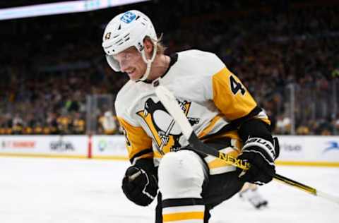 BOSTON, MA – FEBRUARY 08: Danton Heinen #43 of the Pittsburgh Penguins celebrates after scoring a goal in the second period of a game against the Boston Bruins at TD Garden on February 8, 2022, in Boston, Massachusetts. (Photo by Adam Glanzman/Getty Images)