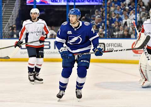 TAMPA, FL – MAY 11: Tampa Bay Lightning center Anthony Cirelli (71) during the second period of the first game of the NHL Stanley Cup Eastern Conference Finals between the Washington Capitals and the Tampa Bay Lightning on May 11, 2018, at Amalie Arena in Tampa, FL. (Photo by Roy K. Miller/Icon Sportswire via Getty Images)