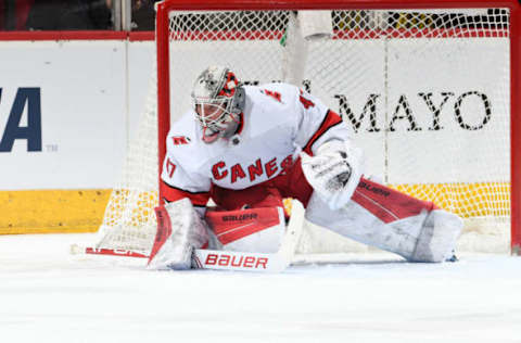 GLENDALE, ARIZONA – FEBRUARY 06: James Reimer #47 of the Carolina Hurricanes gets ready to make a save against the Arizona Coyotes at Gila River Arena on February 06, 2020 in Glendale, Arizona. (Photo by Norm Hall/NHLI via Getty Images)