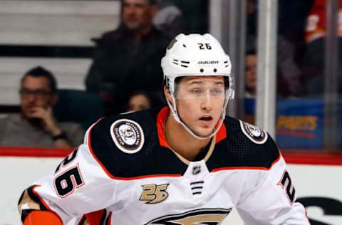 CALGARY, AB – FEBRUARY 22: Brandon Montour #26 of the Anaheim Ducks skates against the Calgary Flames during an NHL game on February 22, 2019, at the Scotiabank Saddledome in Calgary, Alberta, Canada. (Photo by Gerry Thomas/NHLI via Getty Images)