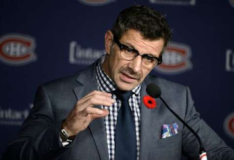 Nov 11, 2014; Montreal, Quebec, CAN; Montreal Canadiens general manager Marc Bergevin speaks at a press conference before the game against the Winnipeg Jets at the Bell Centre. Mandatory Credit: Eric Bolte-USA TODAY Sports