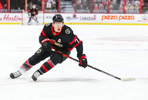 OTTAWA, ON – APRIL 7: Brady Tkachuk #7 of the Ottawa Senators  (Photo by Chris Tanouye/Getty Images)