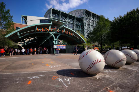 HOUSTON, TEXAS – APRIL 08: Fans wait to enter the park for a game between the Houston Astros and the Oakland Athletics at Minute Maid Park on April 08, 2021 in Houston, Texas. (Photo by Carmen Mandato/Getty Images)