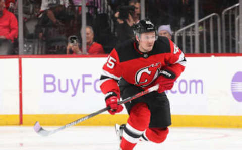 NEWARK, NEW JERSEY – NOVEMBER 23: Sami Vatanen #45 of the New Jersey Devils skates against the Detroit Red Wings at the Prudential Center on November 23, 2019 in Newark, New Jersey. The Devils defeated the Red Wings 5-1. (Photo by Bruce Bennett/Getty Images)