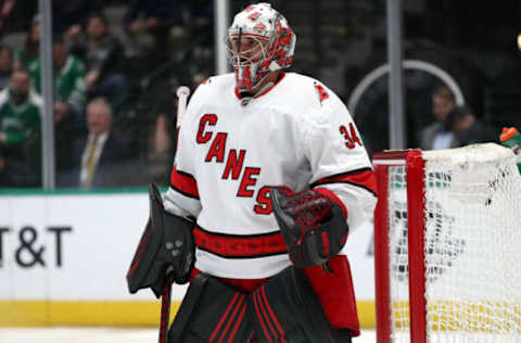 DALLAS, TEXAS – FEBRUARY 11: Petr Mrazek #34 of the Carolina Hurricanes in goal against the Dallas Stars at American Airlines Center on February 11, 2020 in Dallas, Texas. (Photo by Ronald Martinez/Getty Images)