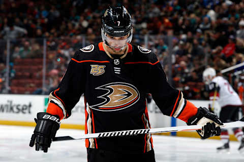 ANAHEIM, CA – DECEMBER 29: Andrew Cogliano #7 of the Anaheim Ducks waits for a face-off during the game against the Arizona Coyotes on December 29, 2018, at Honda Center in Anaheim, California. (Photo by Debora Robinson/NHLI via Getty Images)