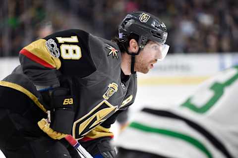 LAS VEGAS, NV – NOVEMBER 28: James Neal #18 of the Vegas Golden Knights awaits a face-off against the Dallas Stars during the game at T-Mobile Arena on November 28, 2017 in Las Vegas, Nevada. (Photo by Jeff Bottari/NHLI via Getty Images)