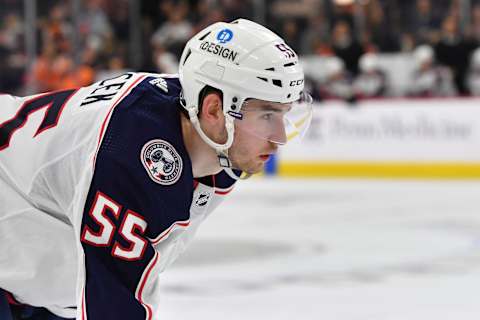 Apr 11, 2023; Philadelphia, Pennsylvania, USA; Columbus Blue Jackets defenseman David Jiricek (55) against the Philadelphia Flyers at Wells Fargo Center. Mandatory Credit: Eric Hartline-USA TODAY Sports