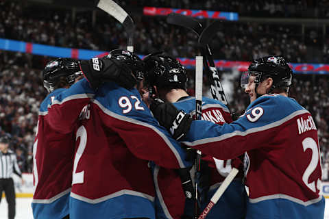 DENVER, CO – APRIL 15: Cale Makar #8 of the Colorado Avalanche celebrates after scoring his first NHL goal against the Calgary Flames in Game Three of the Western Conference First Round during the 2019 NHL Stanley Cup Playoffs at the Pepsi Center on April 15, 2019 in Denver, Colorado. (Photo by Michael Martin/NHLI via Getty Images)