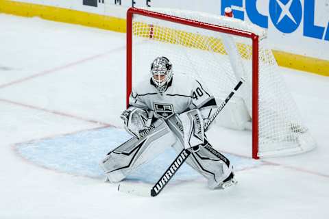 New Flyers netminder Cal Petersen defends his crease against the Minnesota Wild. (Photo by David Berding/Getty Images)