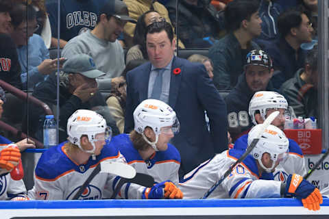 VANCOUVER, CANADA – NOVEMBER 06: Edmonton Oilers head coach Jay Woodcroft looks on during the second period of their NHL game against the Vancouver Canucks at Rogers Arena on November 6, 2023 in Vancouver, British Columbia, Canada. (Photo by Derek Cain/Getty Images)