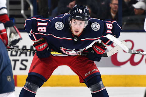 COLUMBUS, OH – APRIL 17: Pierre-Luc Dubois #18 of the Columbus Blue Jackets skates in Game Three of the Eastern Conference First Round against the Washington Capitals during the 2018 NHL Stanley Cup Playoffs at Nationwide Arena in Columbus, Ohio. (Photo by Jamie Sabau/NHLI via Getty Images) ***