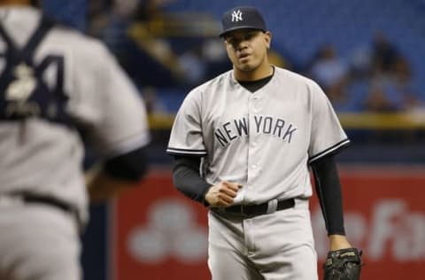 Sep 20, 2016; St. Petersburg, FL, USA; New York Yankees relief pitcher Dellin Betances (68) pumps his fist after they beat the against the Tampa Bay Rays at Tropicana Field. New York Yankees defeated the Tampa Bay Rays 5-3. Mandatory Credit: Kim Klement-USA TODAY Sports