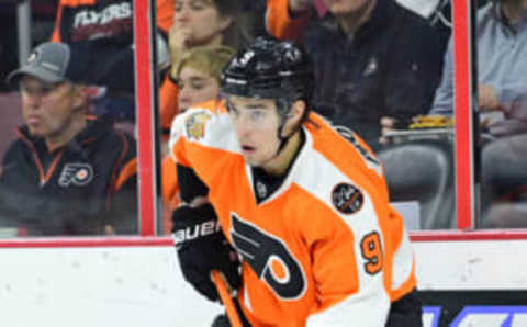 Oct 29, 2016; Philadelphia, PA, USA; Philadelphia Flyers defenseman Ivan Provorov (9) against Pittsburgh Penguins during the first period at Wells Fargo Center. The Penguins defeated the Flyers, 5-4. Mandatory Credit: Eric Hartline-USA TODAY Sports