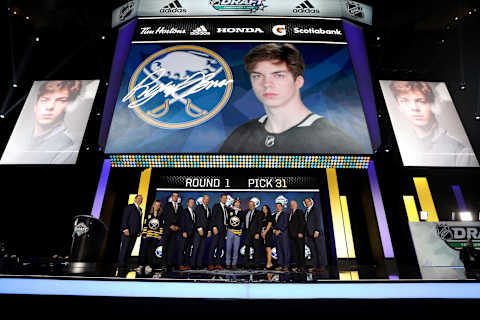 VANCOUVER, BRITISH COLUMBIA – JUNE 21: Ryan Johnson reacts after being selected thirty-first overall by the Buffalo Sabres during the first round of the 2019 NHL Draft at Rogers Arena on June 21, 2019 in Vancouver, Canada. (Photo by Bruce Bennett/Getty Images)