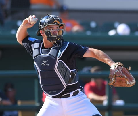 LAKELAND, FL – MARCH 01: Jake Rogers #84 of the Detroit Tigers throws a baseball during the Spring Training game against the Atlanta Braves at Publix Field at Joker Marchant Stadium on March 1, 2018 in Lakeland, Florida. The Braves defeated the Tigers 5-2. (Photo by Mark Cunningham/MLB Photos via Getty Images)