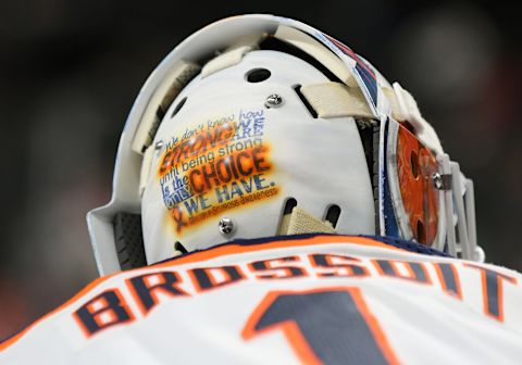 ST. PAUL, MN – DECEMBER 16: The goalie mask of Edmonton Oilers Goalie Laurent Brossoit (1) with a message about multiple sclerosis awareness before a NHL game between the Minnesota Wild and Edmonton Oilers on December 16, 2017 at Xcel Energy Center in St. Paul, MN.The Oilers defeated the Wild 3-2. (Photo by Nick Wosika/Icon Sportswire via Getty Images)